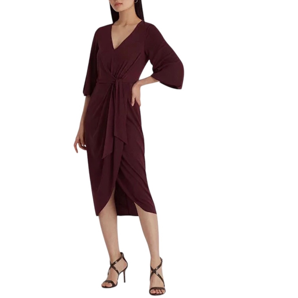 Lauren Ralph Lauren Tie Front Midi Dress Red Stretch Jersey Size 6
